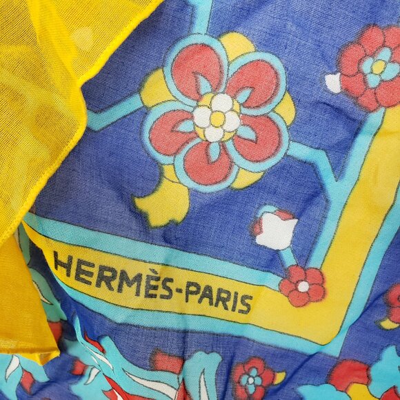 HERMES Shawl Scarf Pareo 100% Cotton Lightweight Blue Yellow Red Persian Motif - Picture 3 of 14